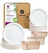 GoBeTree Vaisselle Jetable 250 pcs pour 50 personnes, Assiettes Jetables en Canne à Sucre et Couv...