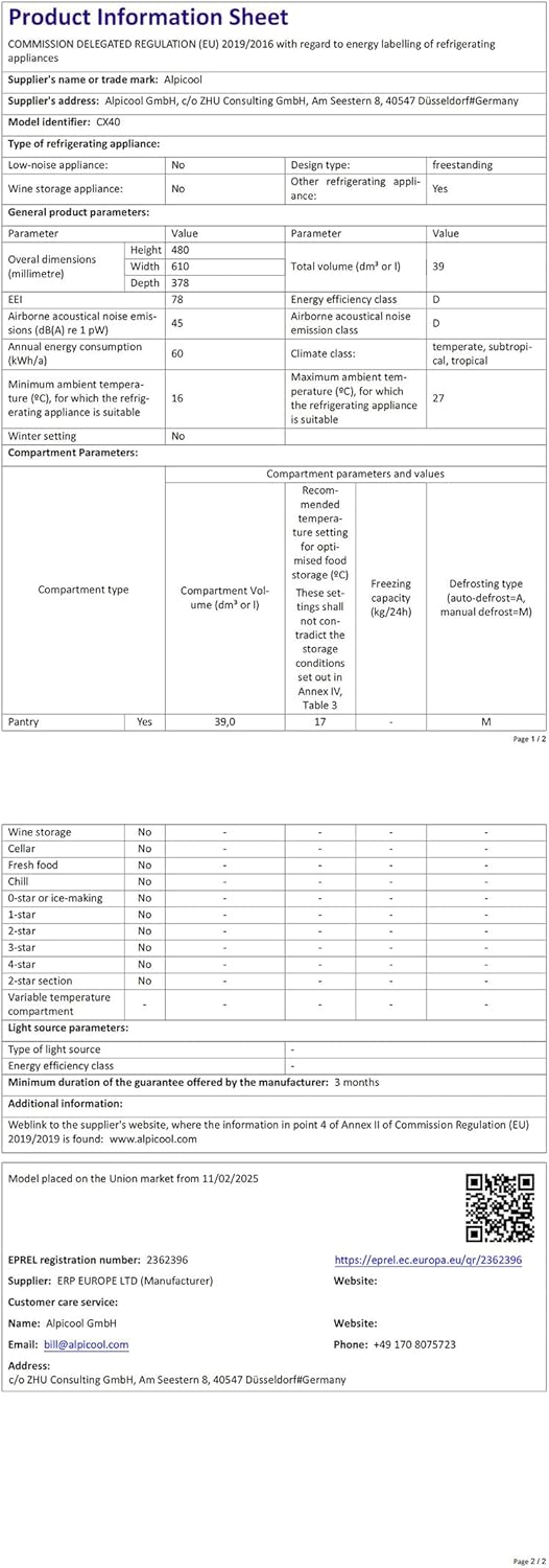 Alpicool - CX40 - 40L - réfrigérateur/congélateur portable, compression, maison/camping - CX40