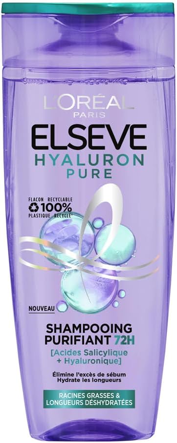 L'Oréal - Elseve Hyaluron Pure - 300 ml - Shampooing purifiant acide salicylique/hyaluronique, 72H cuir chevelu gras