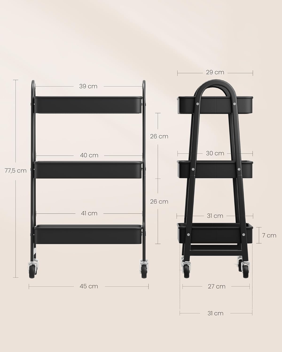 SONGMICS - chariot à 3 niveaux - métal, roulettes, poignées, 2 freins - BSC068B01