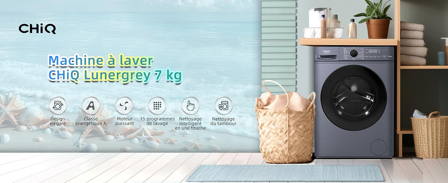 de couleur grise, placée dans la buanderie. Les caractéristiques incluent une capacité de 7 kg, une fonction vapeur, un cycle anti-allergène et un fonctionnement économe en énergie. Panier à linge et étagère visibles à proximité.