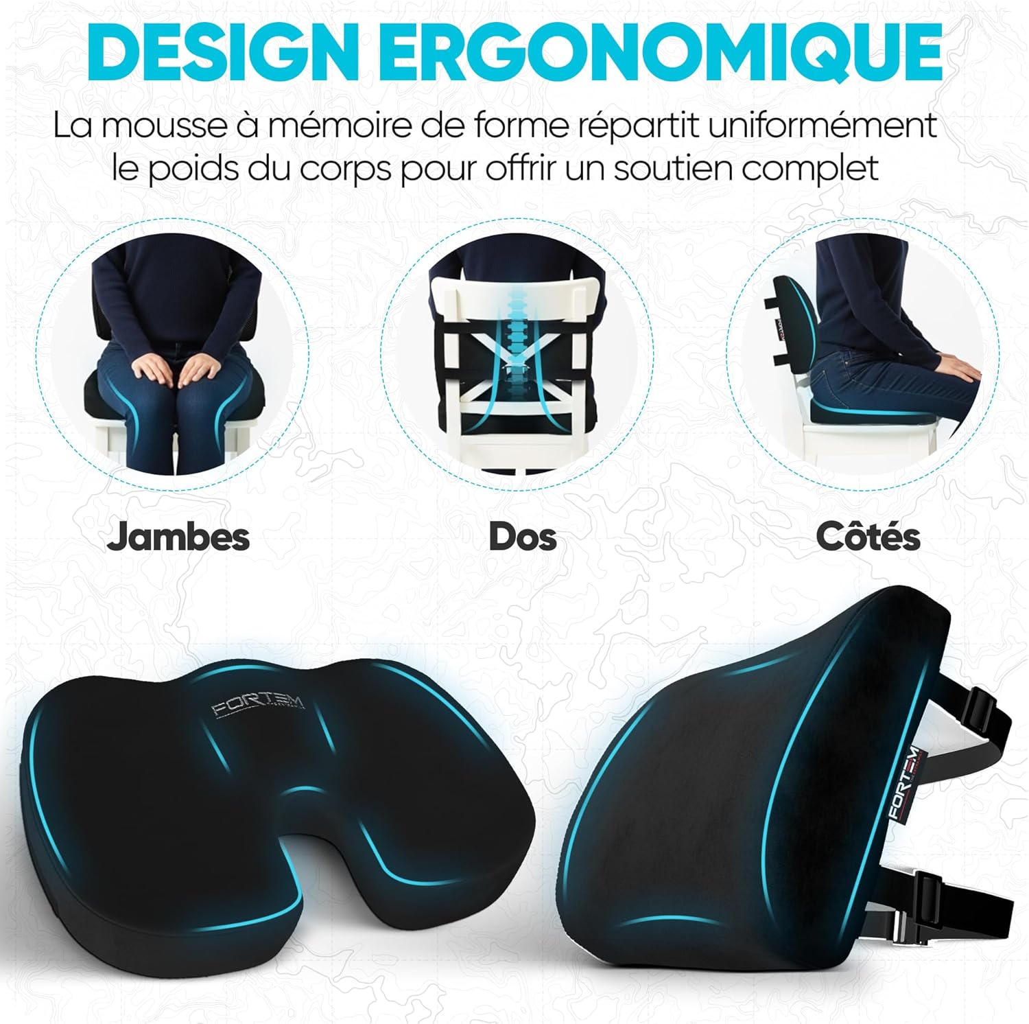 FORTEM - coussin lombaire mémoire de forme - ergonomique, antidérapant, soutien prolongé