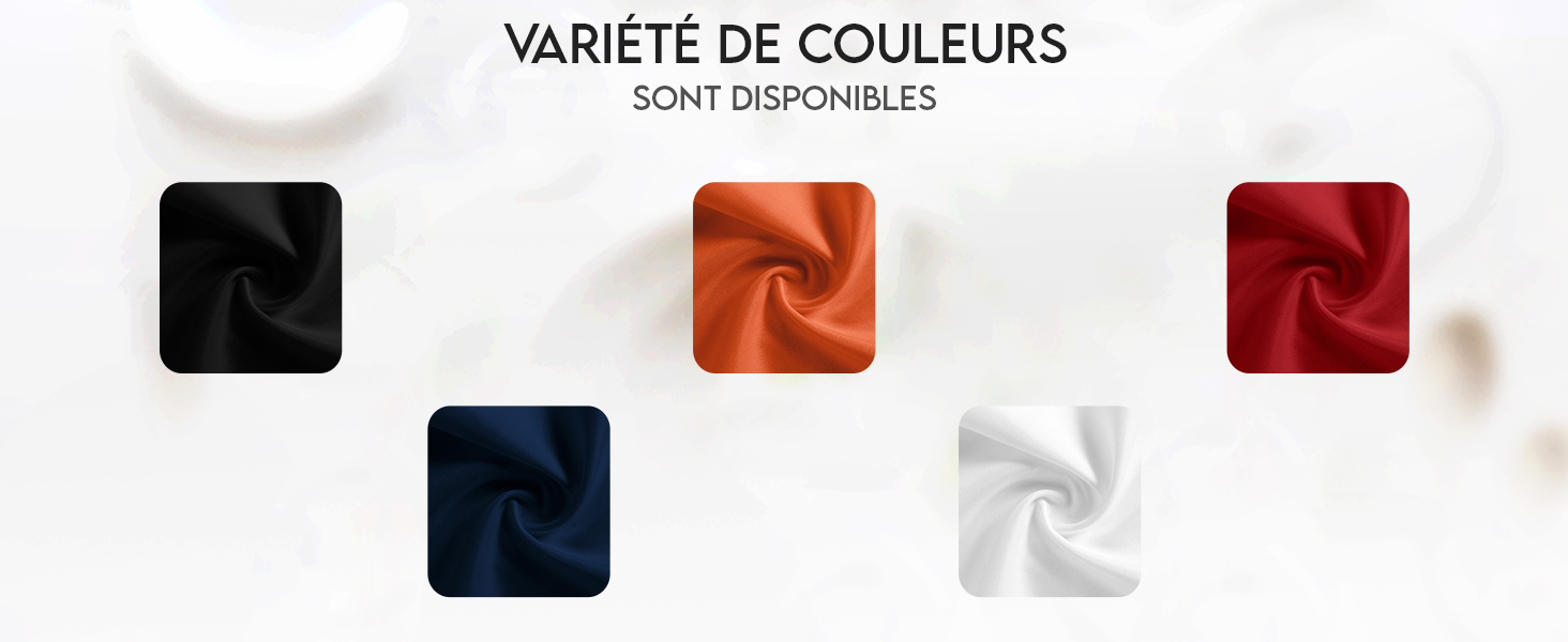 Échantillons de tissus de différentes couleurs : noir, bleu marine, orange, rouge et blanc. Le texte se lit comme suit : « VARIÉTÉ DE COULEURS SONT DISPONIBLES