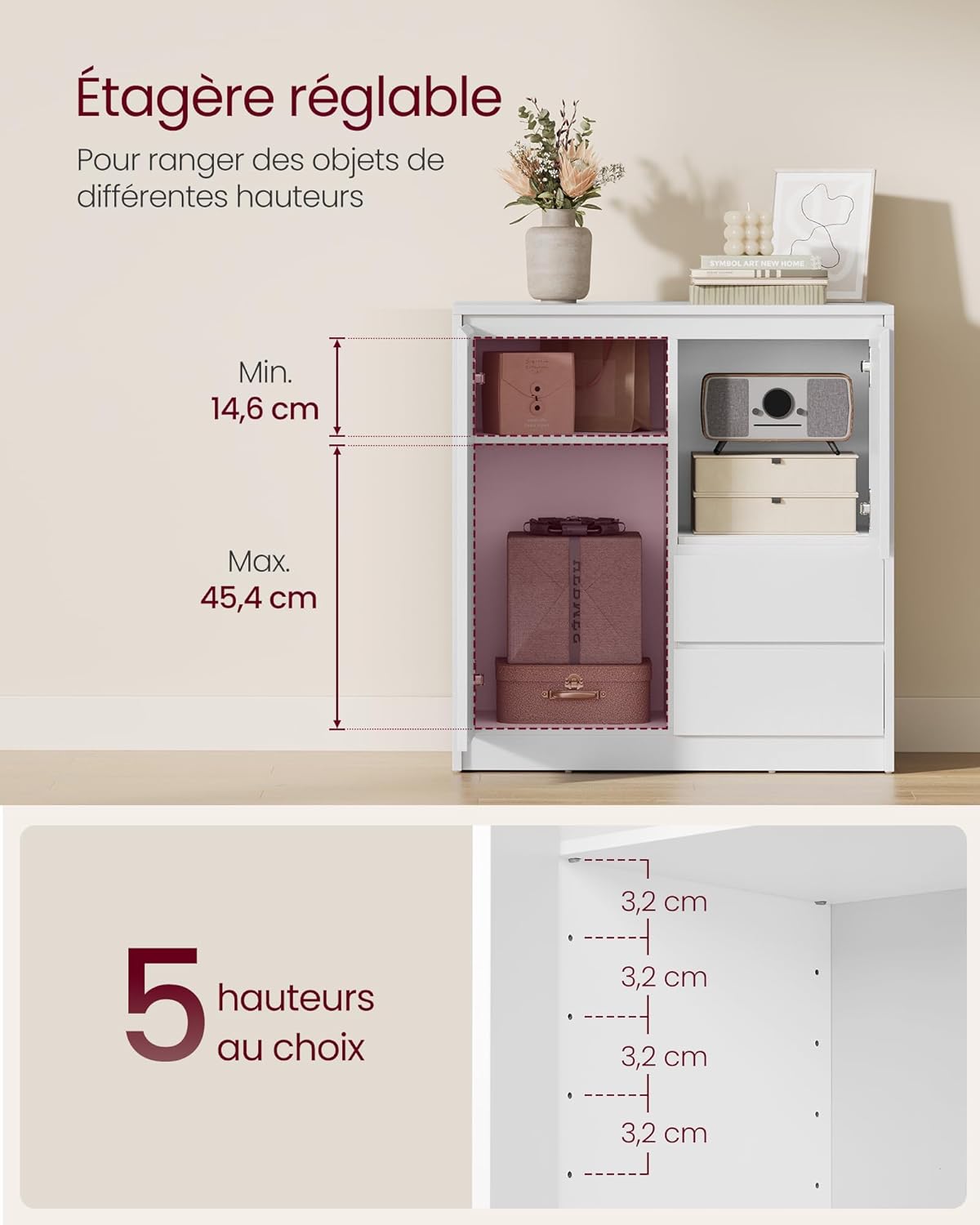 VASAGLE - buffet moderne, 40x70x74,5 cm, porte, étagère réglable, BBK243W01V1