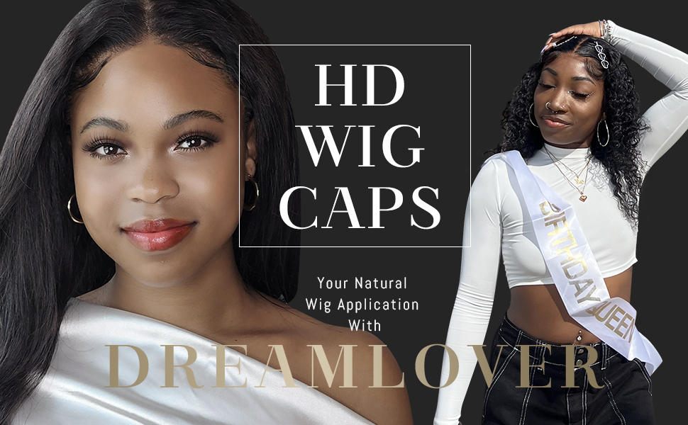 pour des bonnets de perruque HD mettant en scène deux femmes. Le texte indique « Votre application de perruque naturelle avec Dreamlover ». Une femme porte un haut blanc, l'autre un haut court blanc et une ceinture