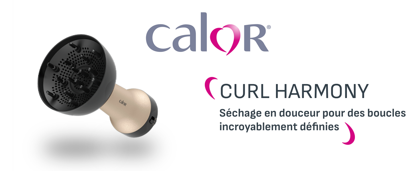 Le texte se lit comme suit : « CALOR » et « CURL HARMONY ». Le produit semble être un appareil de coiffage dont la finition métallique est présentée sous plusieurs angles.
