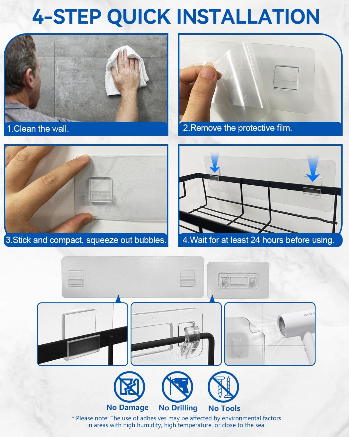 AceMining - Etagere Douche Noir - 3 Pack - Rangement adhésif, crochets, sans perçage
