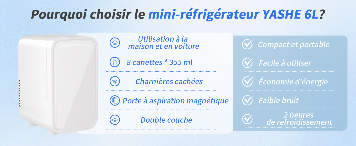 une étiquette bleue avec une photo d'un réfrigérateur et d'un verre d'eau