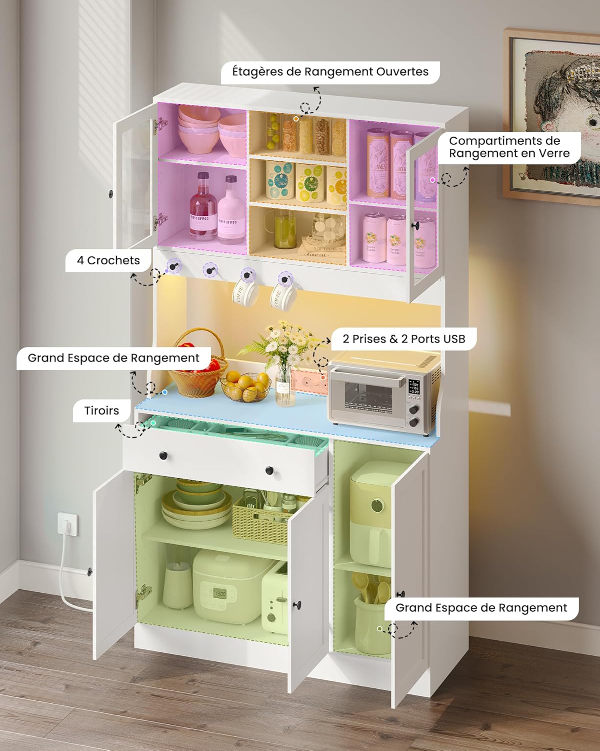 Meuble buffet cuisine - plan de travail LED, multiprise, 103,5x40x180 cm, 4 compartiments, tiroir modulable