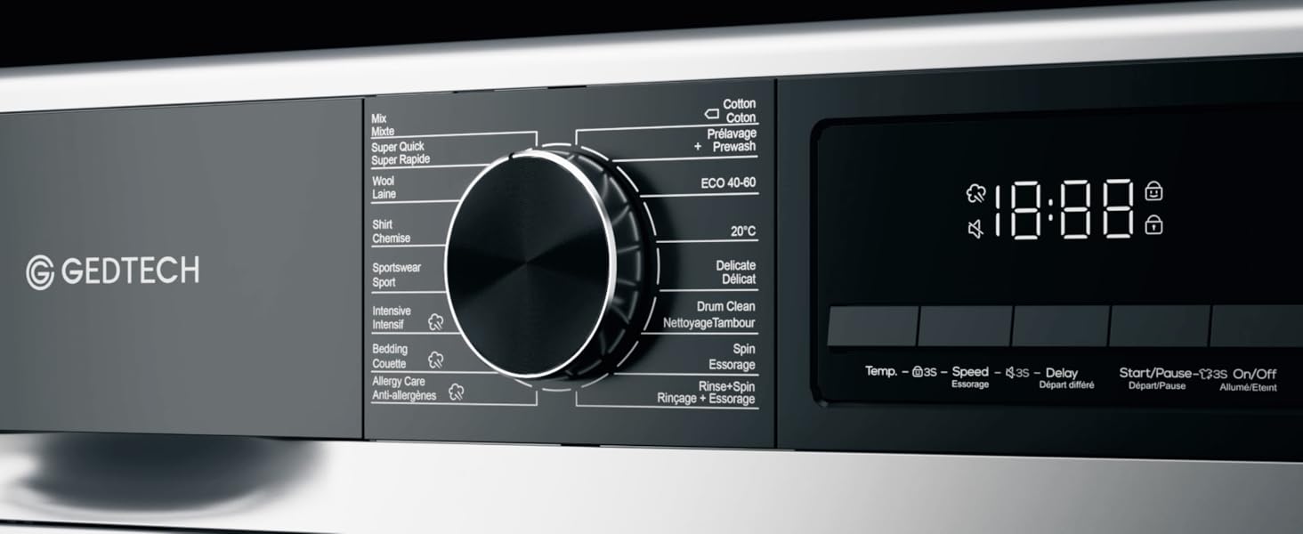 Panneau avant d'une machine à laver Gedtech avec affichage numérique indiquant 18:88. Grand cadran de commande et plusieurs options de cycle de lavage visibles sur la surface gris métallisé.