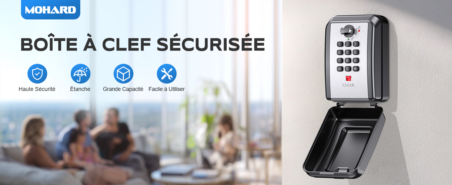 Le texte se lit comme suit : « BOÎTE À CLEF SÉCURISÉE ». Boîte de verrouillage à clé numérique présentée dans plusieurs vues, illustrant l'installation et l'utilisation.