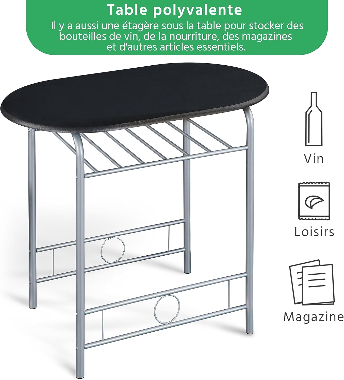Yaheetech - Ensemble table à manger 3 pièces - 90x53x75,5 cm - MDF métal, 2 chaises, porte-bouteilles