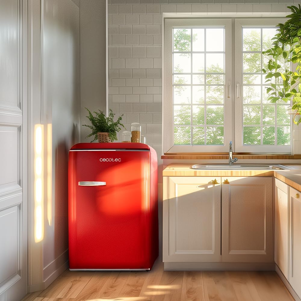 Cecotec - Bolero CoolMarket TT - 110L - mini frigo rétro, classe E, éclairage LED, poignée chromée, étagères verre, roug