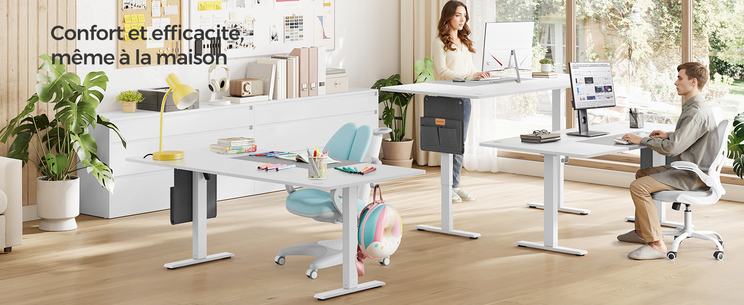 Le texte se lit comme suit : « Confort et efficacité ». Configuration de bureau à domicile moderne avec chaise de bureau ergonomique, bureau réglable en hauteur et plantes décoratives dans un cadre intérieur lumineux.