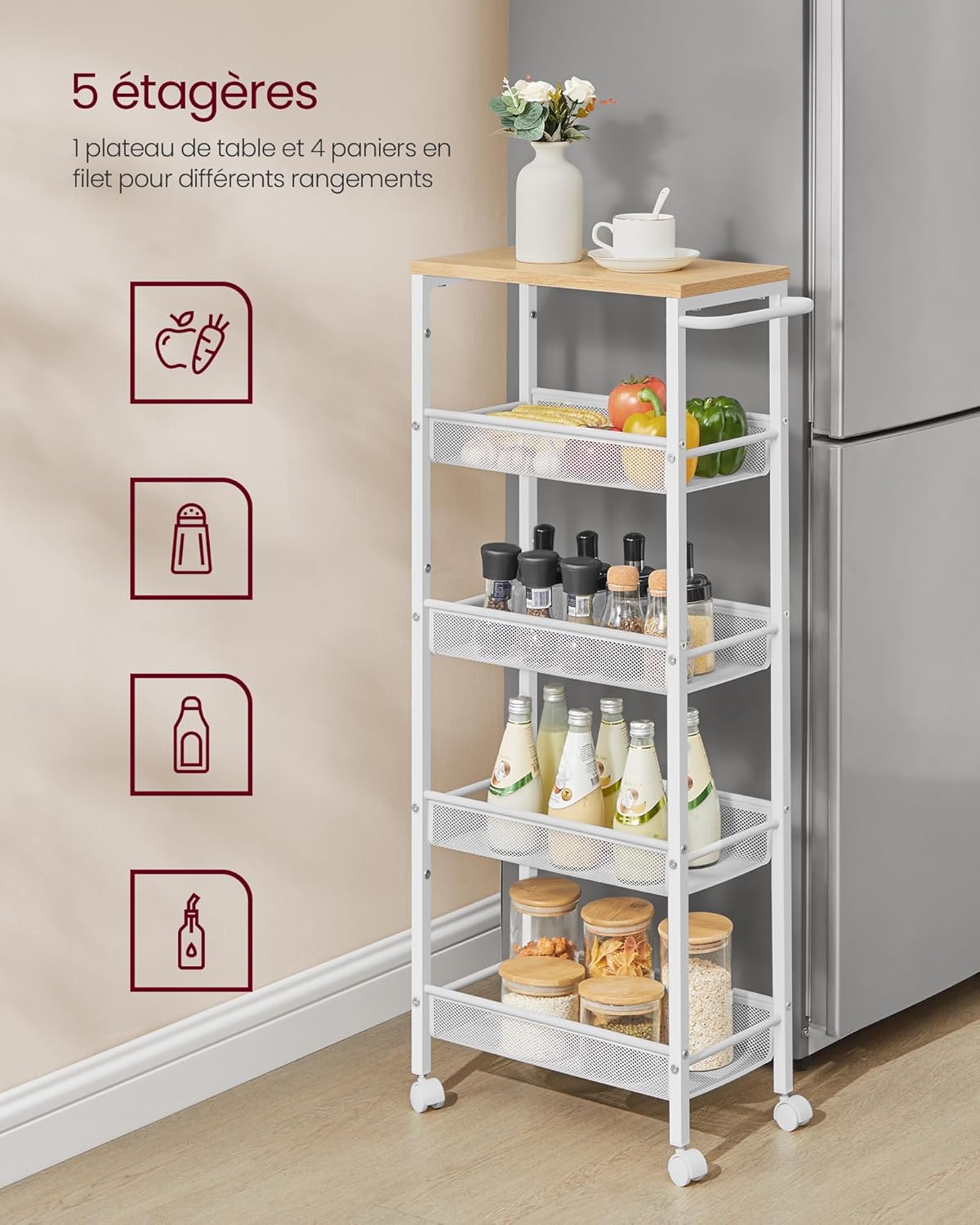 VASAGLE - desserte 5 niveaux - 22x45,4x99,6cm - acier, roulettes, poignée, compact - LRC035W09