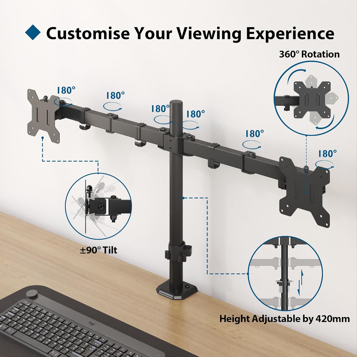 BONTEC - double support écran PC - 13-27 pouces - hauteur réglable, inclinaison, pivot, VESA