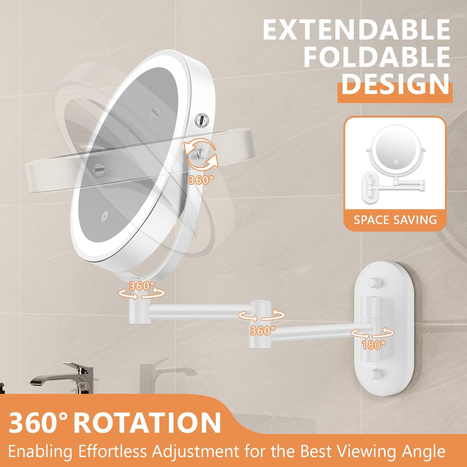 Auxmir - miroir mural LED, x20/1x, USB, 3 couleurs, tactile, 360°