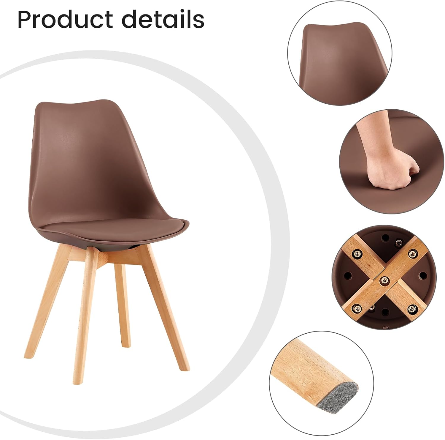 EGGREE - lot de 4 chaises scandinaves - assise rembourrée, pieds bois, 81x48x42 cm - style rétro, testées SGS