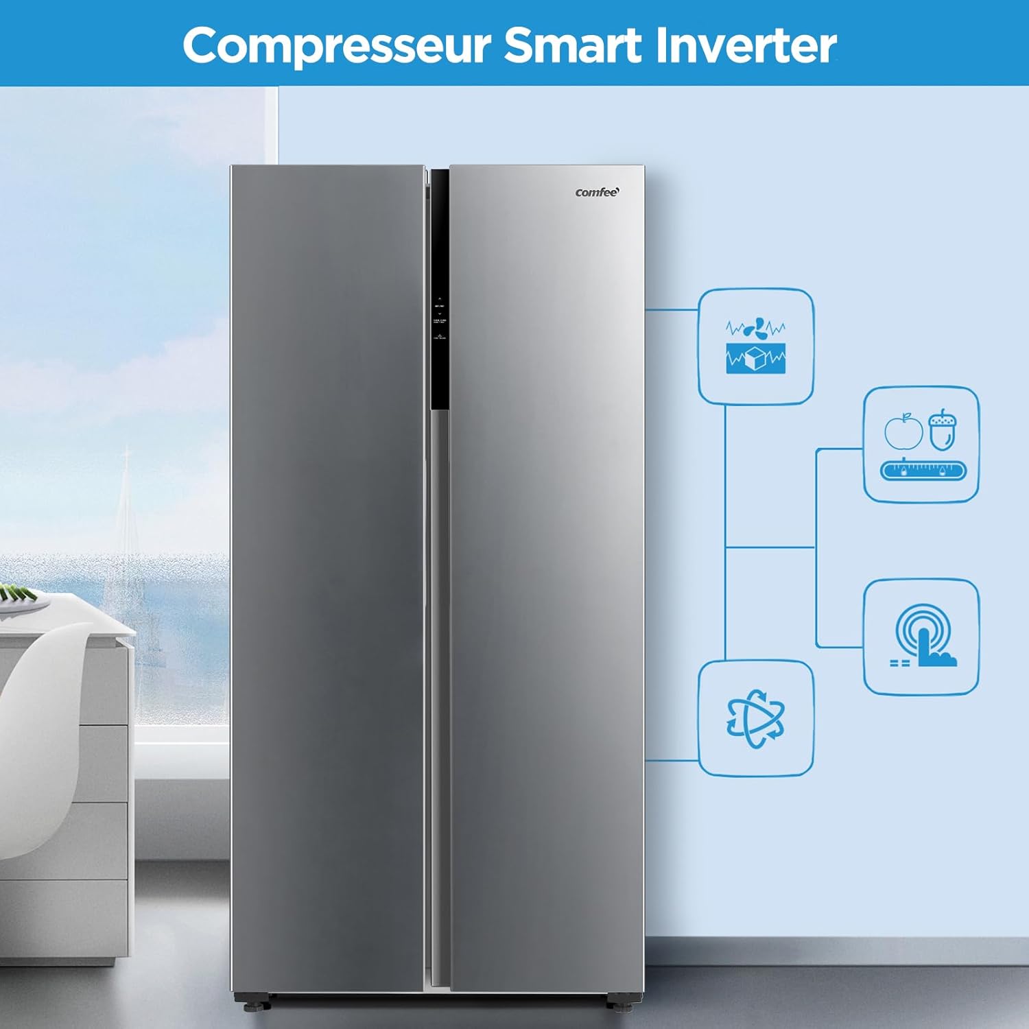 Comfee' - Réfrigérateur américain série Inox, 177,5cm, No Frost, 460L, RCS609IX2