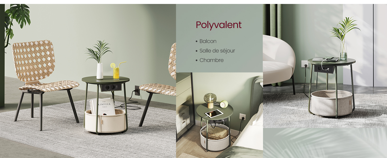 Configuration de salon moderne avec des chaises élégantes, des tables d'appoint et des plantes. Le texte « Polyvalent » est visible, suggérant un design de mobilier polyvalent.