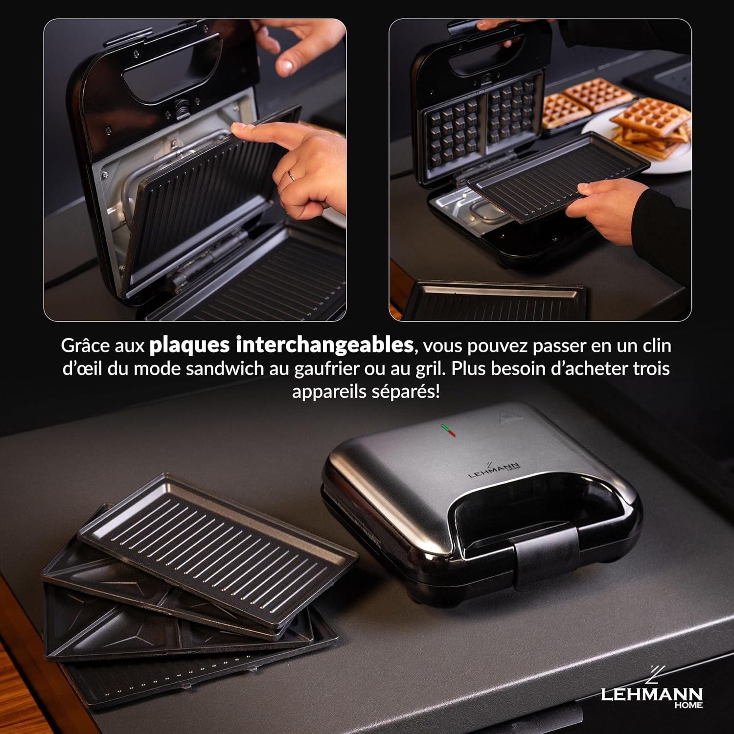 LEHMANN - Appareil 3-en-1, plaques interchangeables, revêtement antiadhésif, préparation rapide