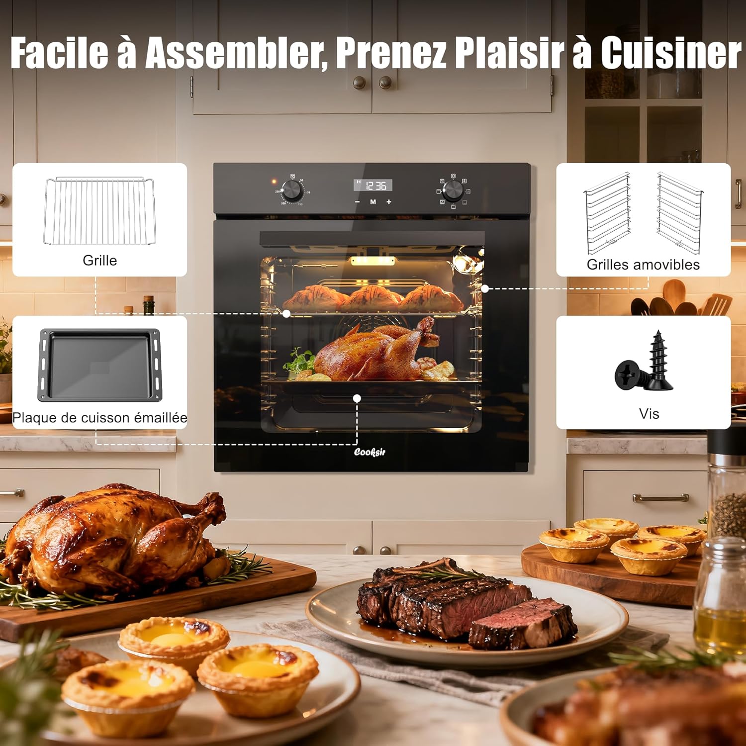 Four encastrable - 60 cm - 60L, 2000W, 7 fonctions, minuterie 10h