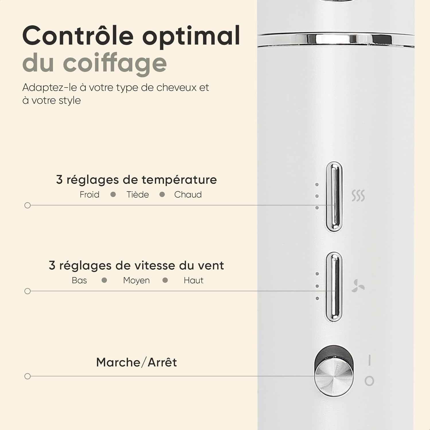 Brosse soufflante - luxe blanc argent - 135000 RPM - séchage rapide, ionique, auto-wrap, volumateur, lisseur