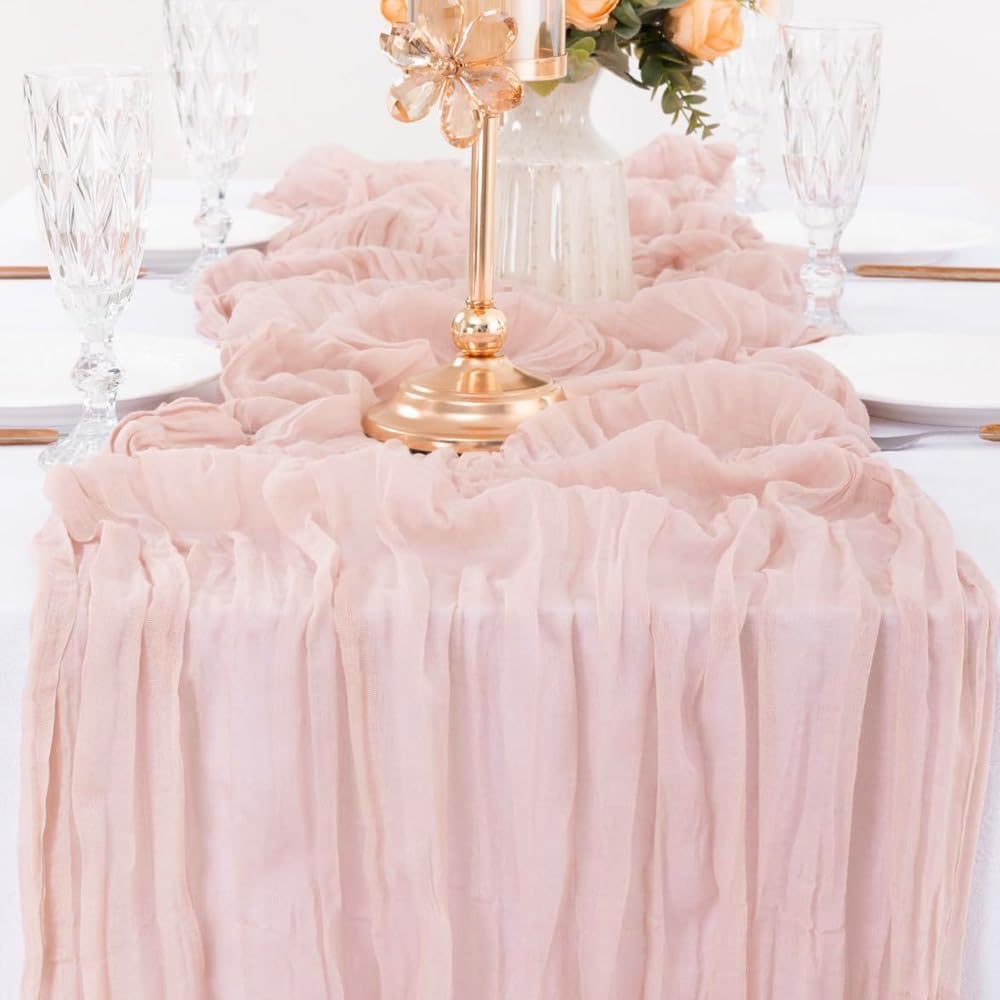 Chemin de table - gaze coton froissée rose 90x300cm style boho rustique