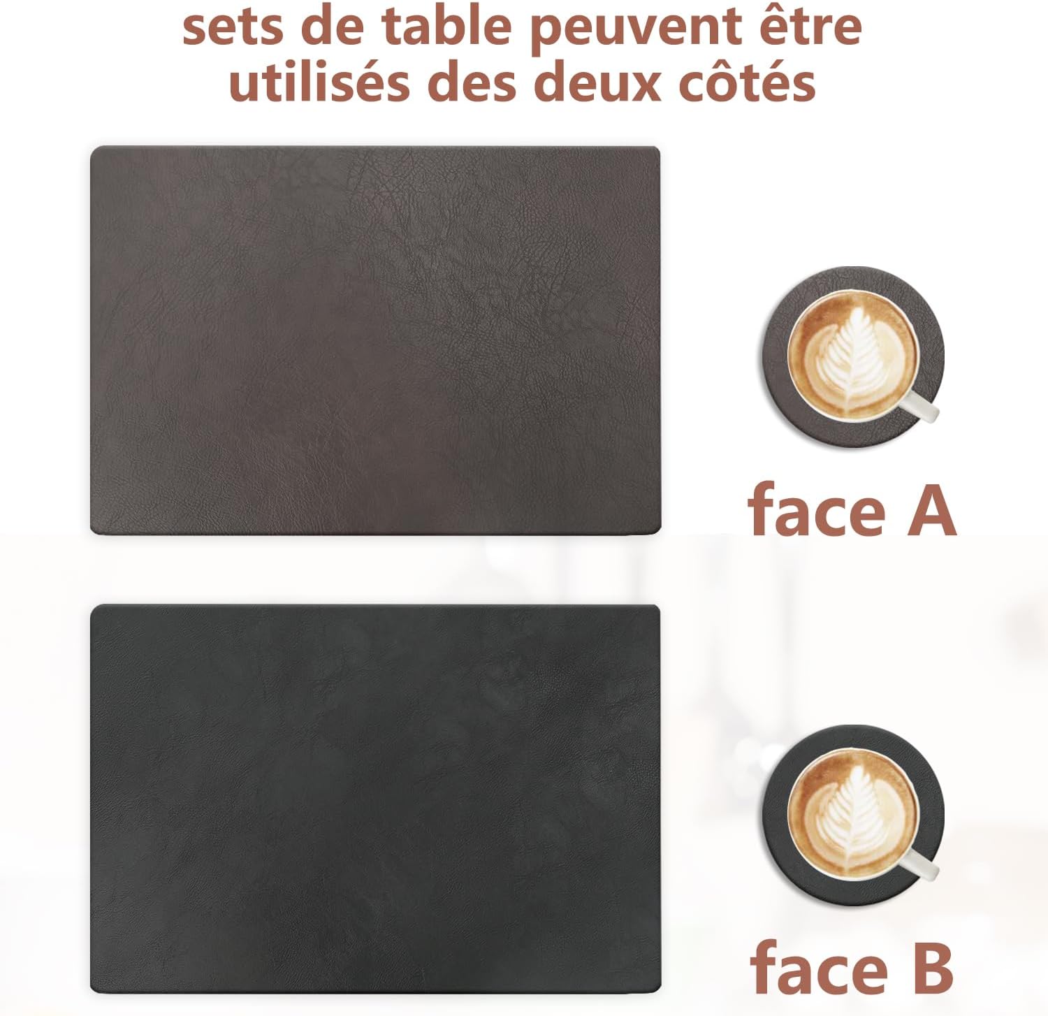 Sets de table - lot de 6, cuir PU double face, 43x30cm, lavables
