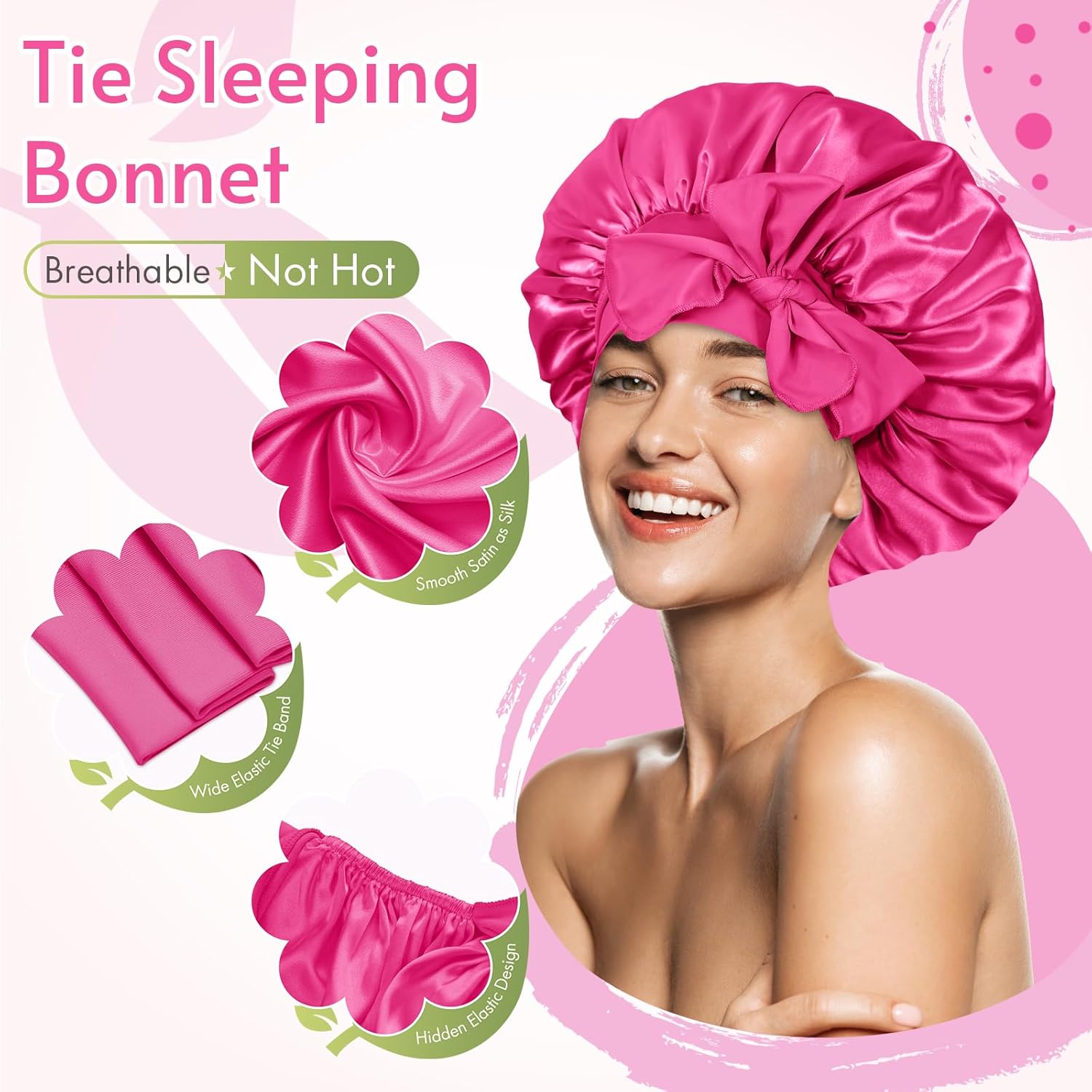 BONNET QUEEN - bonnet satin ajustable, taille moyenne, élastique long, rose vif