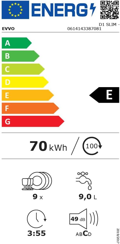EVVO - Lave-vaisselle Slim 45 cm, 9 couverts, 5 programmes, D1