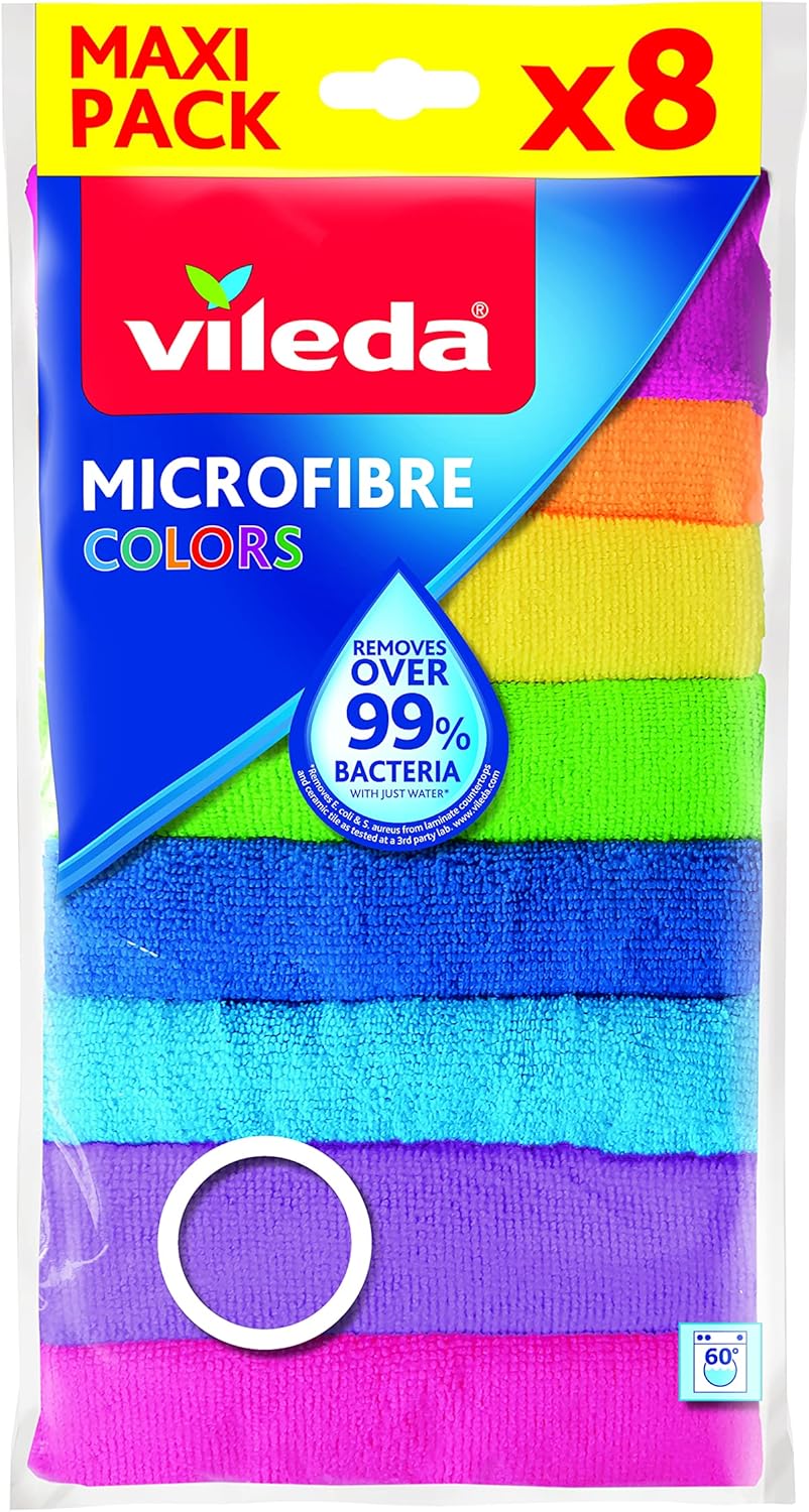 Vileda - Colors lavettes microfibres - 30x30 cm - dépoussière et dégraisse, 8 pièces