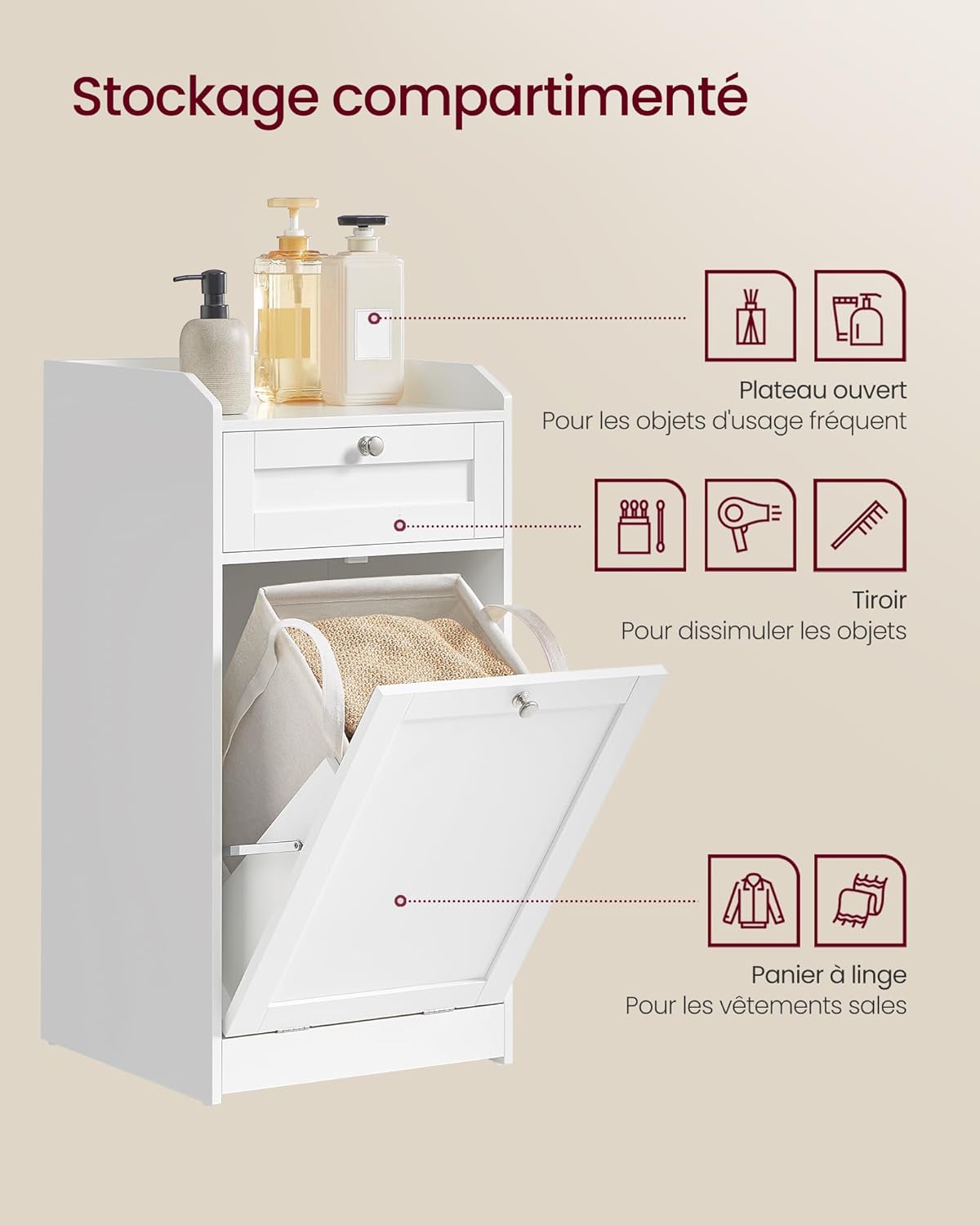 VASAGLE - meuble salle de bain avec panier linge, tiroir, 40x40x80,2 cm, blanc, BBC741W01