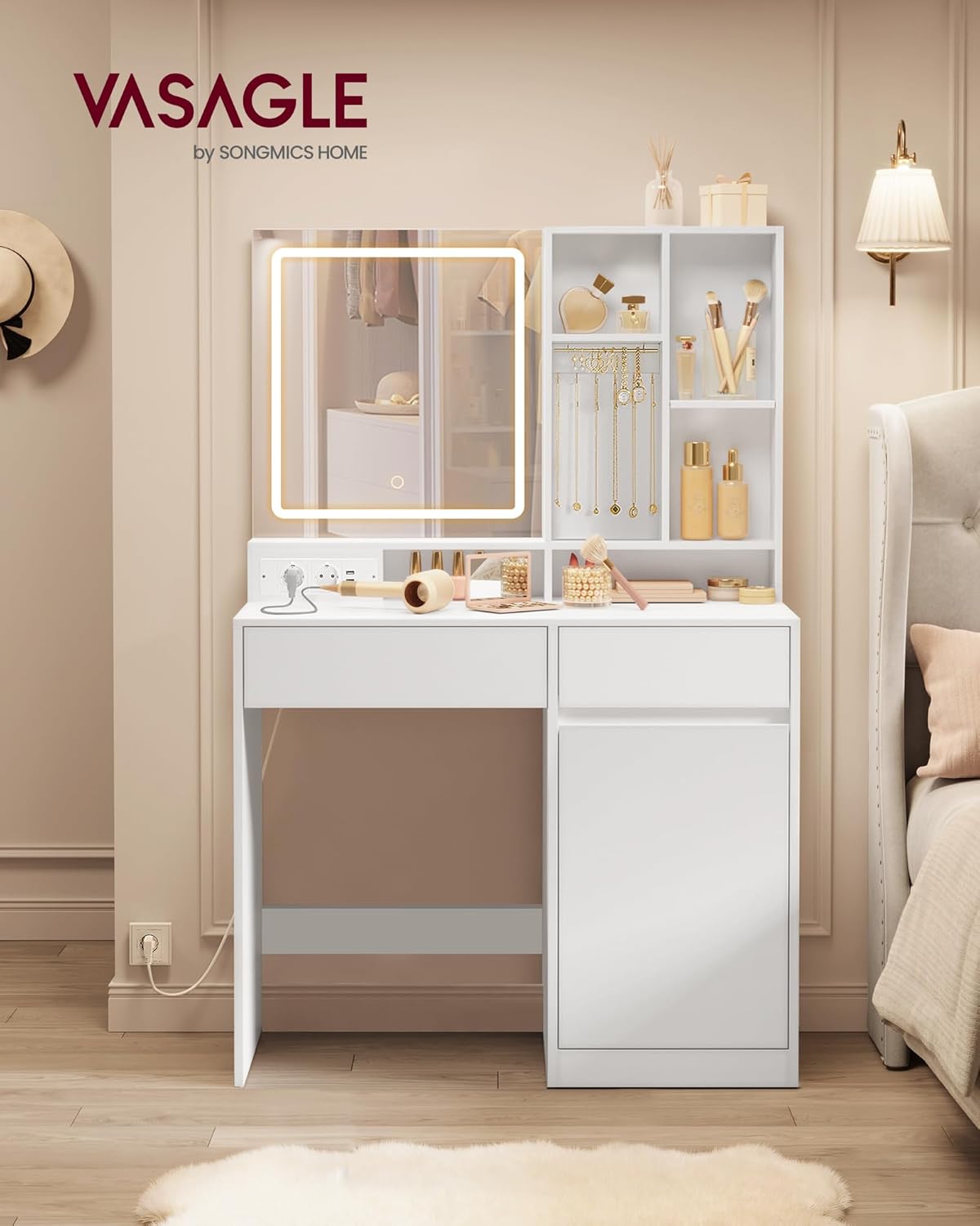 VASAGLE - Kailyn Collection - 90 cm - coiffeuse LED, 3 éclairages, tiroir, multiprise, blanc RDT134WB01