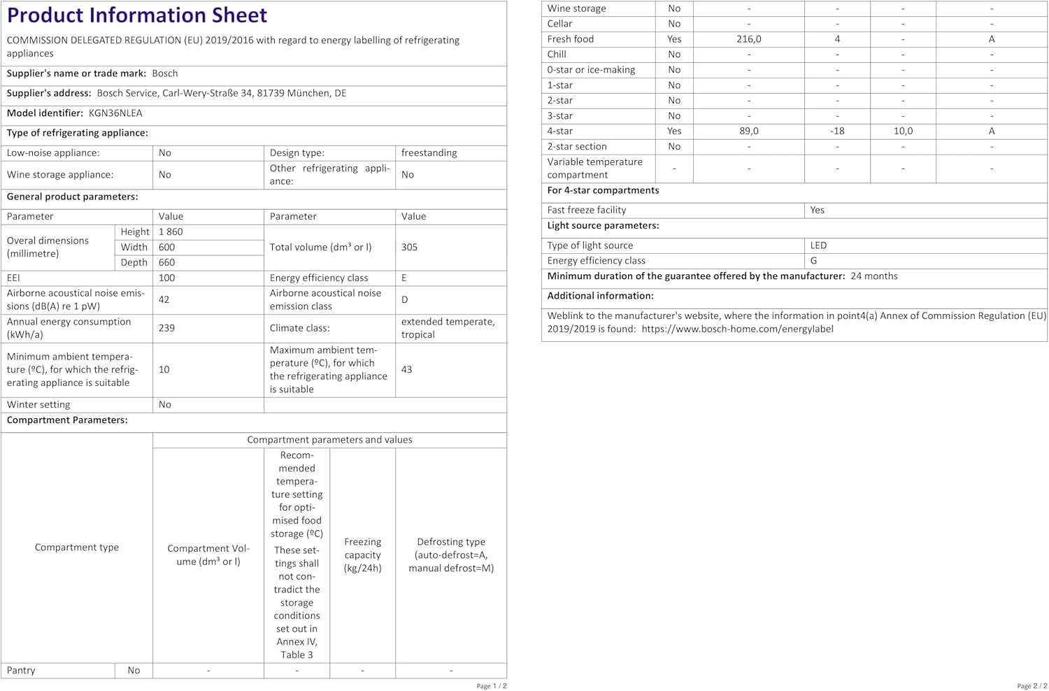 Bosch - combiné Série 2 - 305L, 60x186cm, inox argent - KGN36NLEA