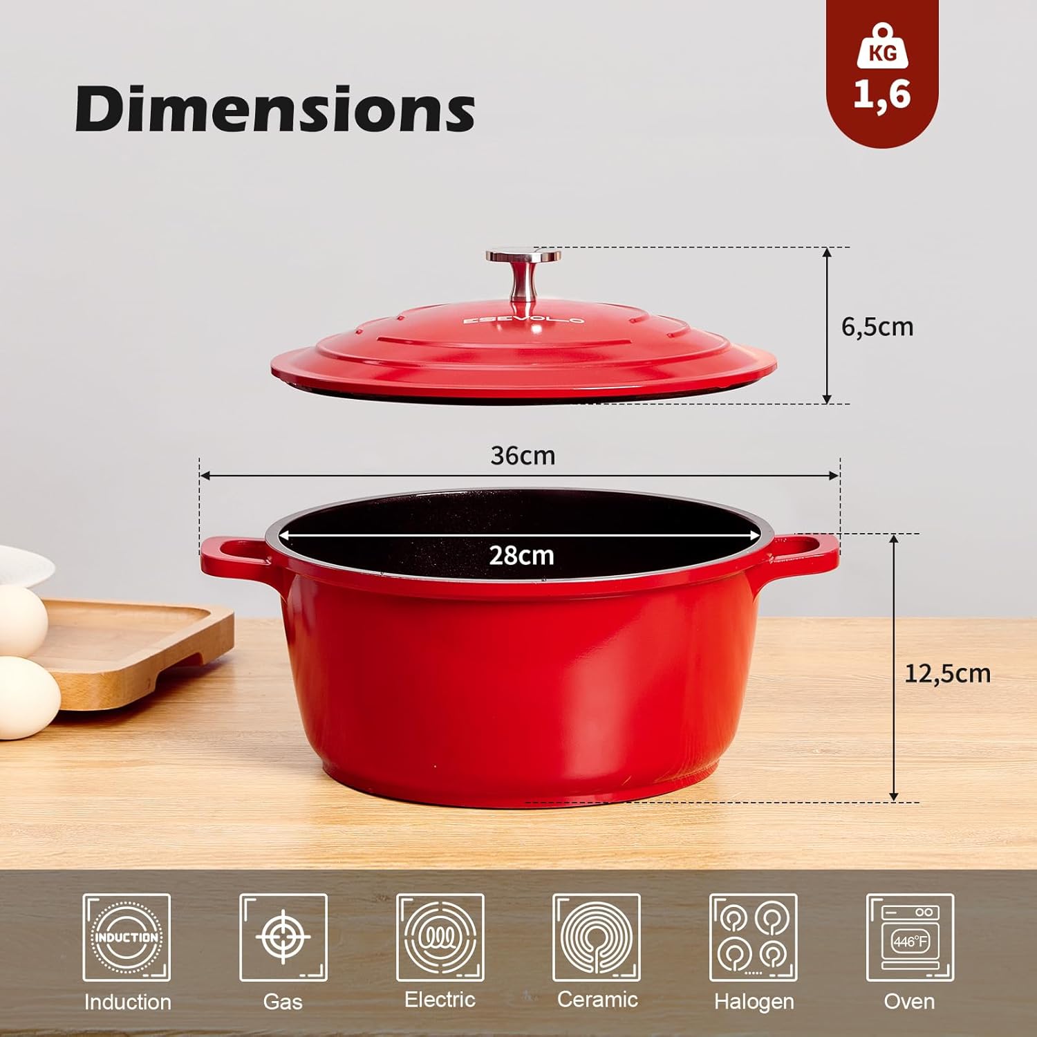 Cocotte fonte induction 28cm, 6,3L, aluminium, céramique, rouge