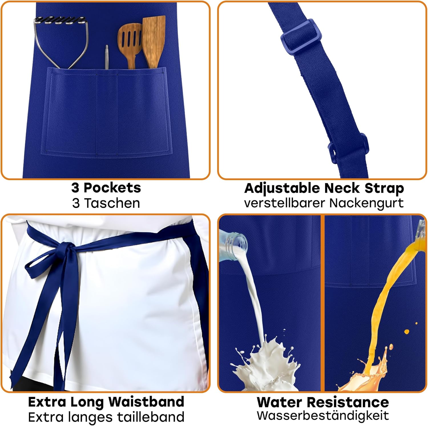 LEFUNDA - tablier cuisine 3 poches, étanche, réglable, longues lanières