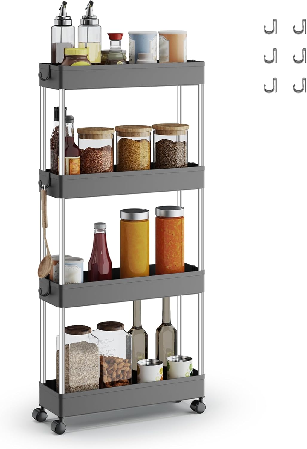 SONGMICS - chariot de cuisine 4 niveaux, acier, 14,4x42x86 cm, 6 crochets KSC008G01