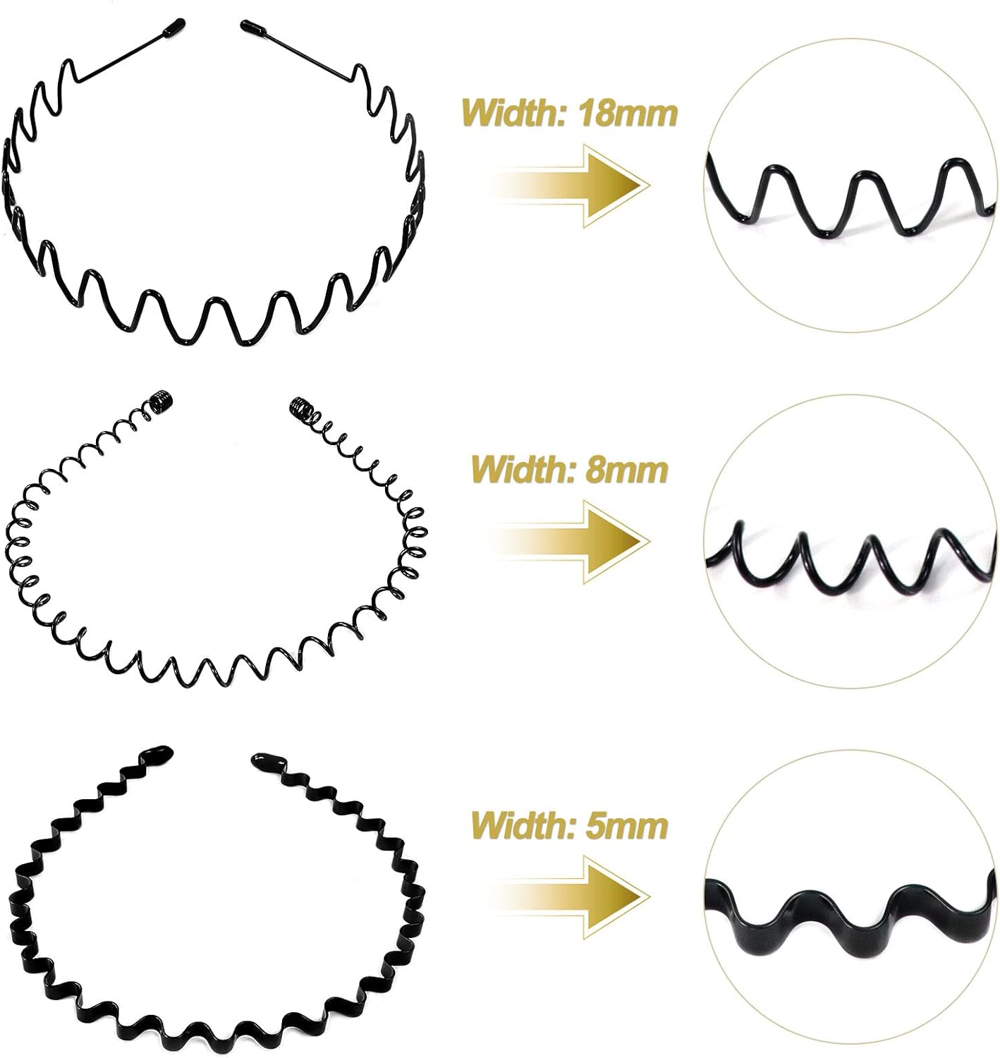 Serre-tête homme - bandeau métal noir - lot de 3 - antidérapant, ondulé