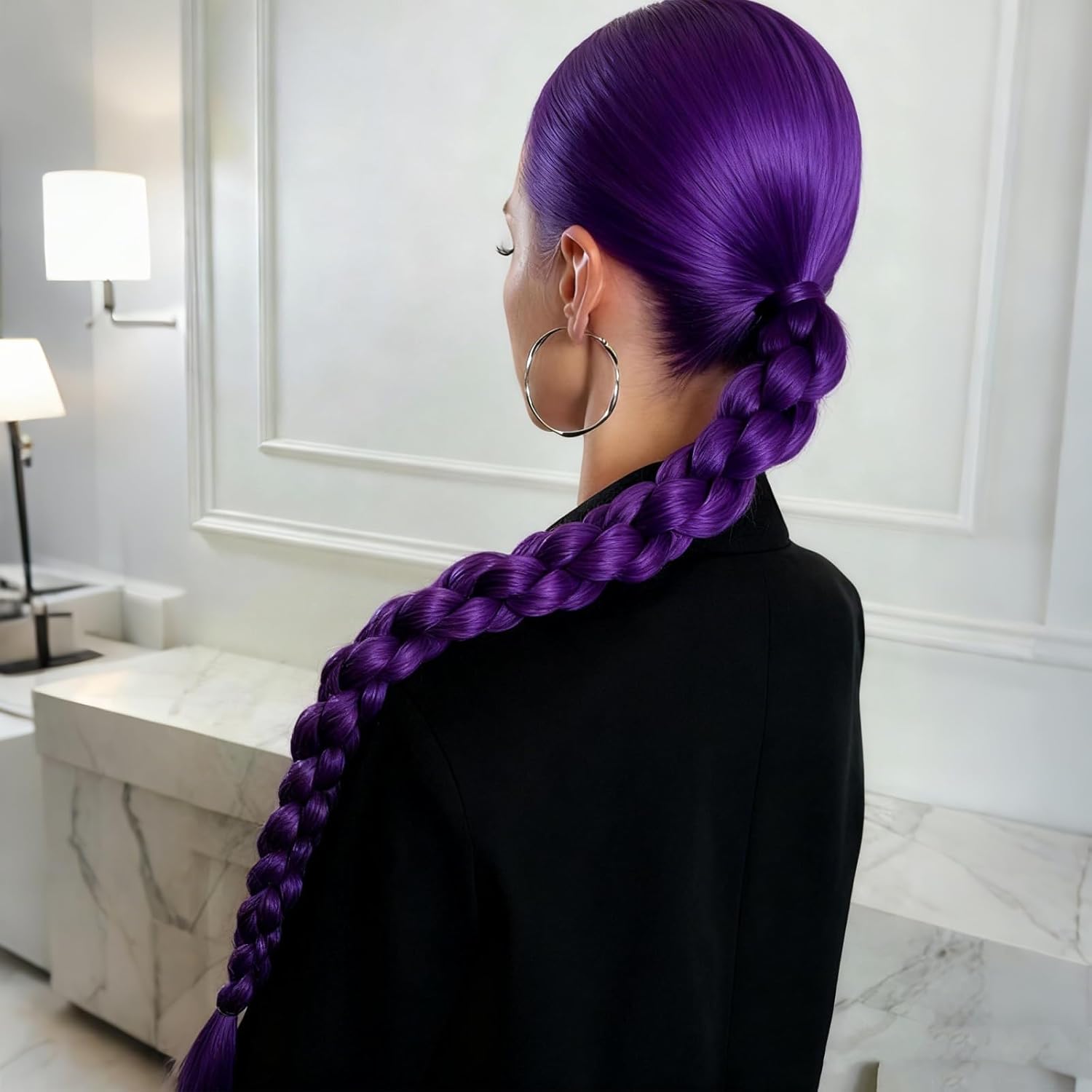 Extensions de cheveux - queue de cheval violette 24 pouces, pré-tressée, élastique, 100g, anneaux inclus