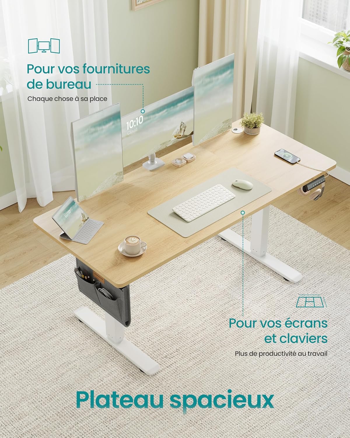 SONGMICS - bureau électrique série LSD - 140x60 cm - hauteur réglable, mémoire 4 positions, doré chêne LSD134YA01