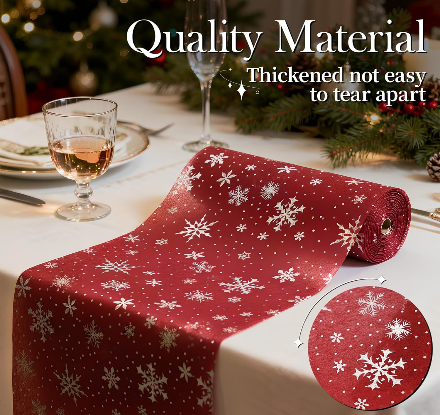 Chemin de table - rouge flocons argentés - 30m x 23cm - déco fêtes noël