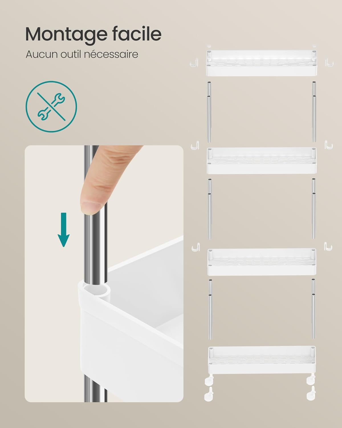 SONGMICS – chariot cuisine 4 niveaux, 14,4x42x86cm, acier, KSC08WT
