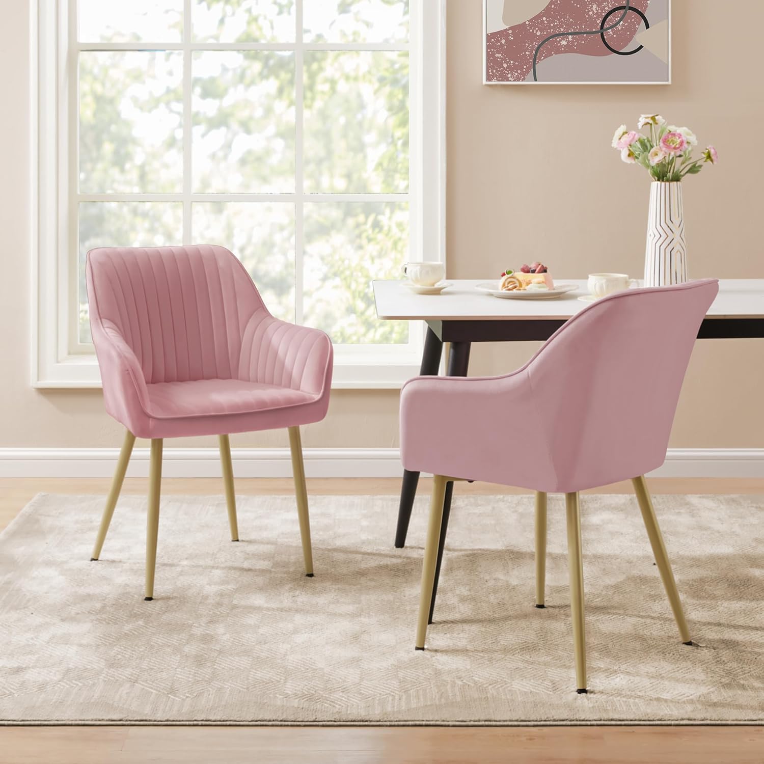 SONGMICS - fauteuil velours, lot de 6, accoudoirs, pieds métal, rose, LDC087R16