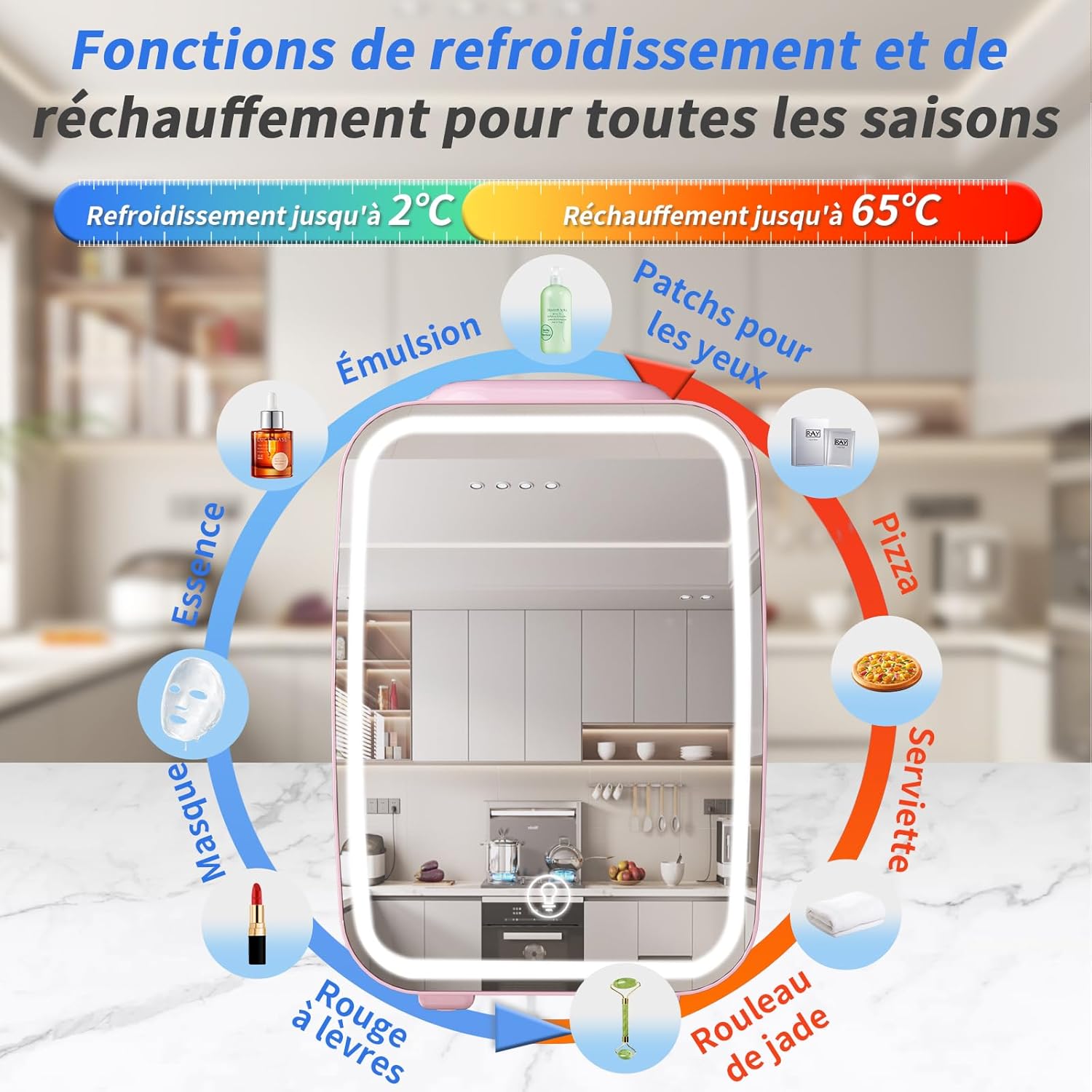 YASHE - Mini frigo LED miroir 4L, portable, 220V/12V, rose