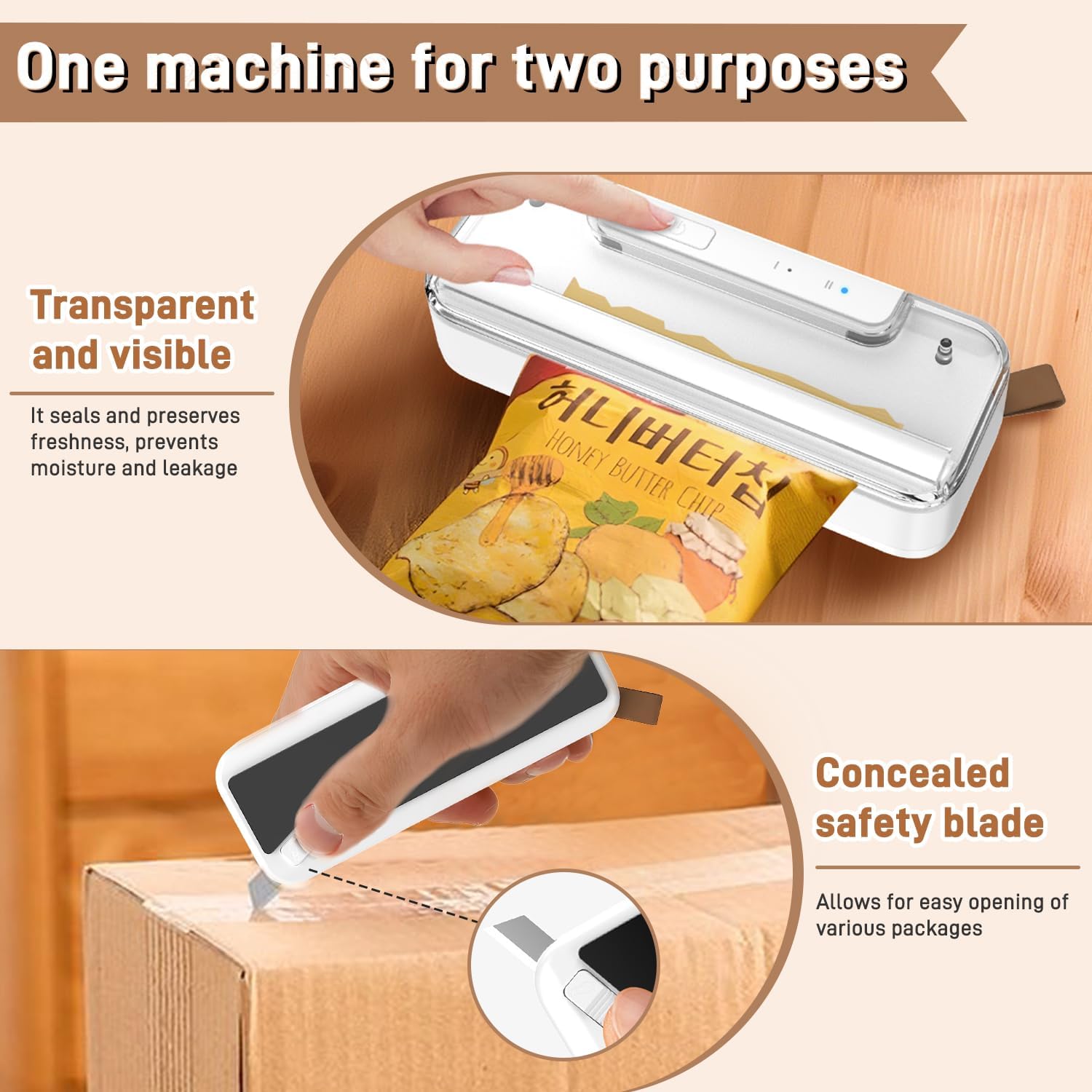 Mini scelleuse thermique portable 2-en-1, rechargeable, auto-off, blanc