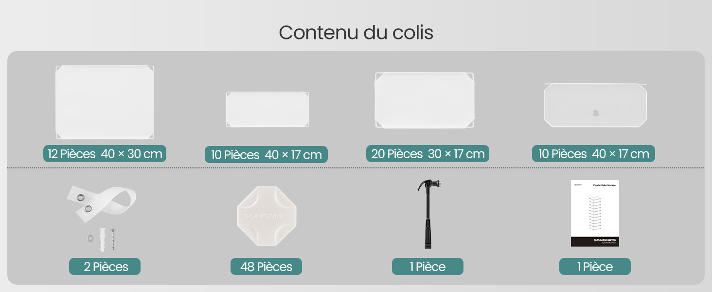 Le texte indique « Contenu du colis », suivi du contenu de l'emballage du produit affiché dans des cases teintées en vert avec des icônes et des mesures.