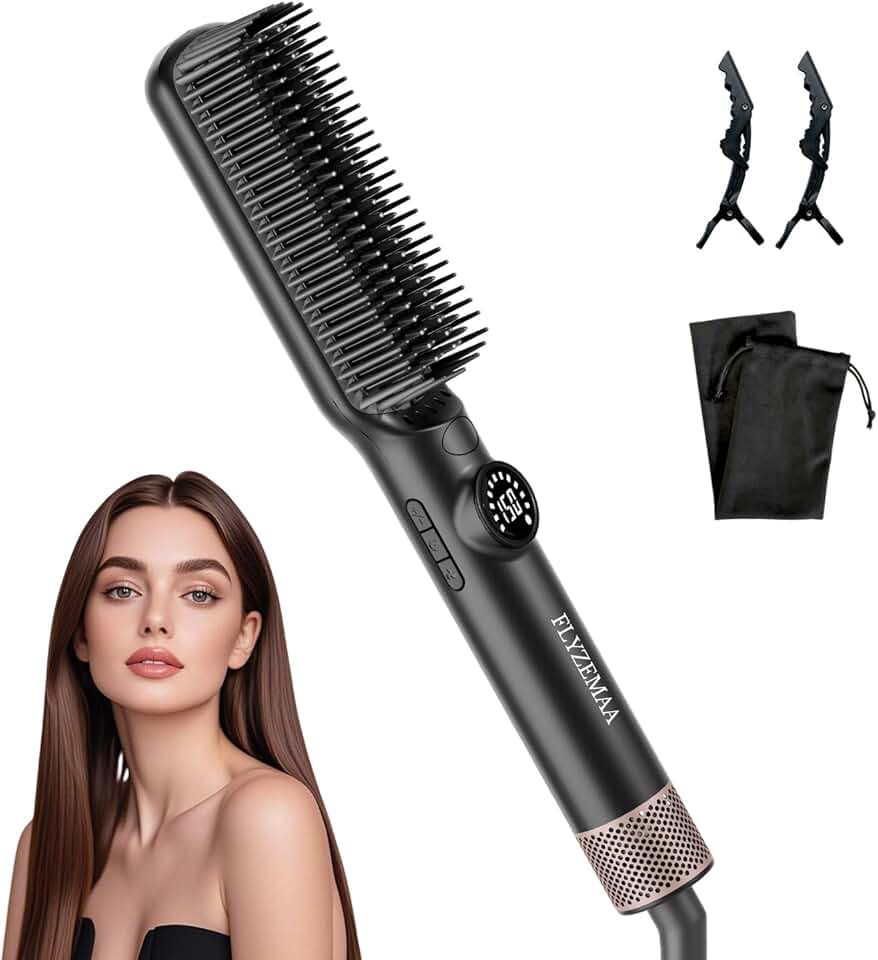 Brosse lissante cheveux - 7 températures, écran LCD, plaques anti-brûlure, double tension, prise UE, noir