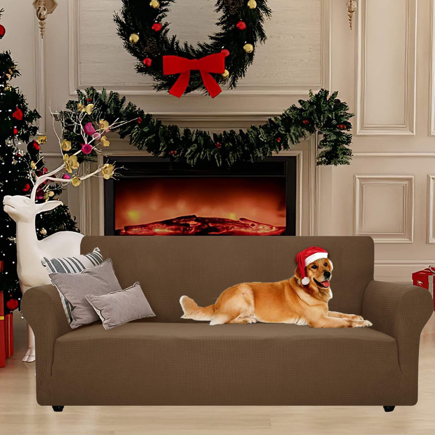 Housse canapé 4 places - extensible, lavable, marron, antidérapant