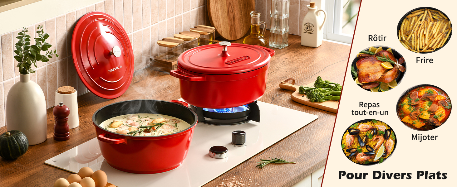 Le texte se lit comme suit : « Pour divers plats ». Collection de photos montrant une marmite émaillée rouge utilisée pour préparer divers plats en cuisine.
